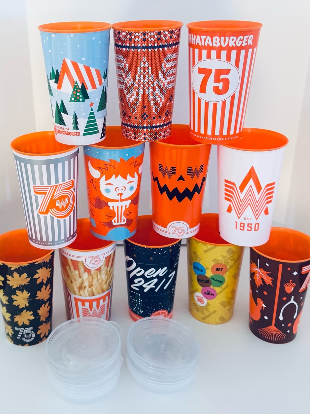 Whataburger 75th Anniversary Limited Edition 32 oz Cups Set of 12 with Lids